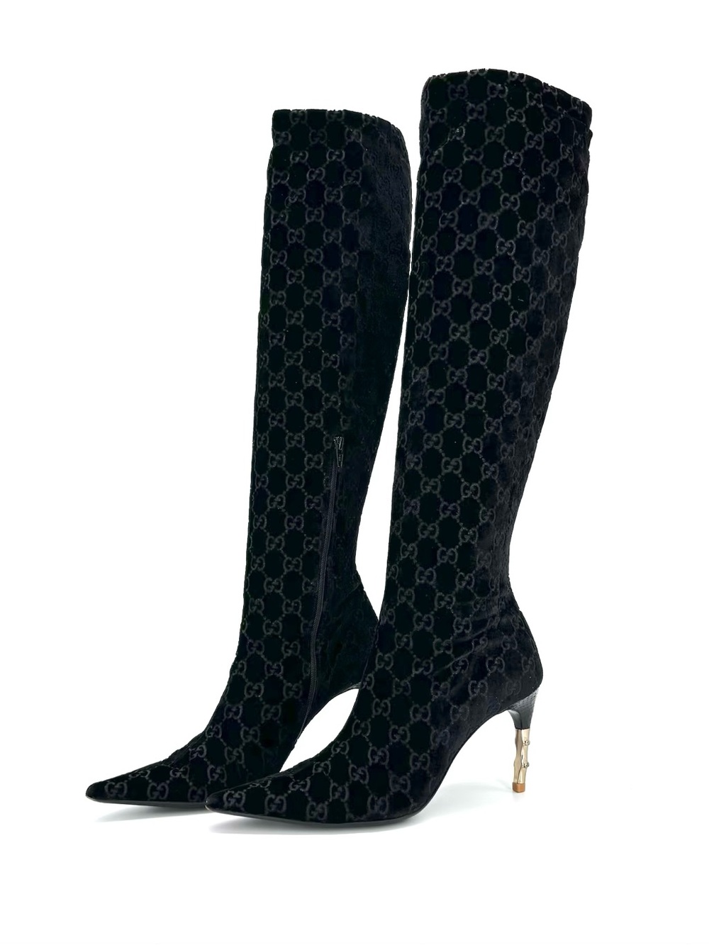 Gucci Tom Ford GG Monogram Velvet Bamboo Heel Knee High Pointed Toe Boots 8.5